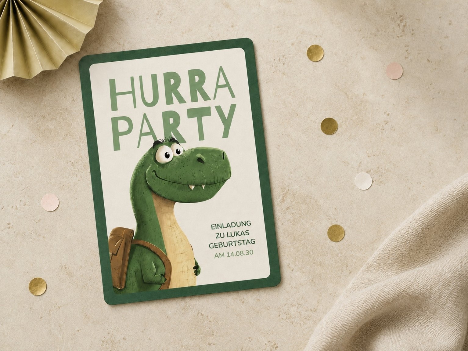Invitation card with a cartoon dinosaur saying "Hurra Party".