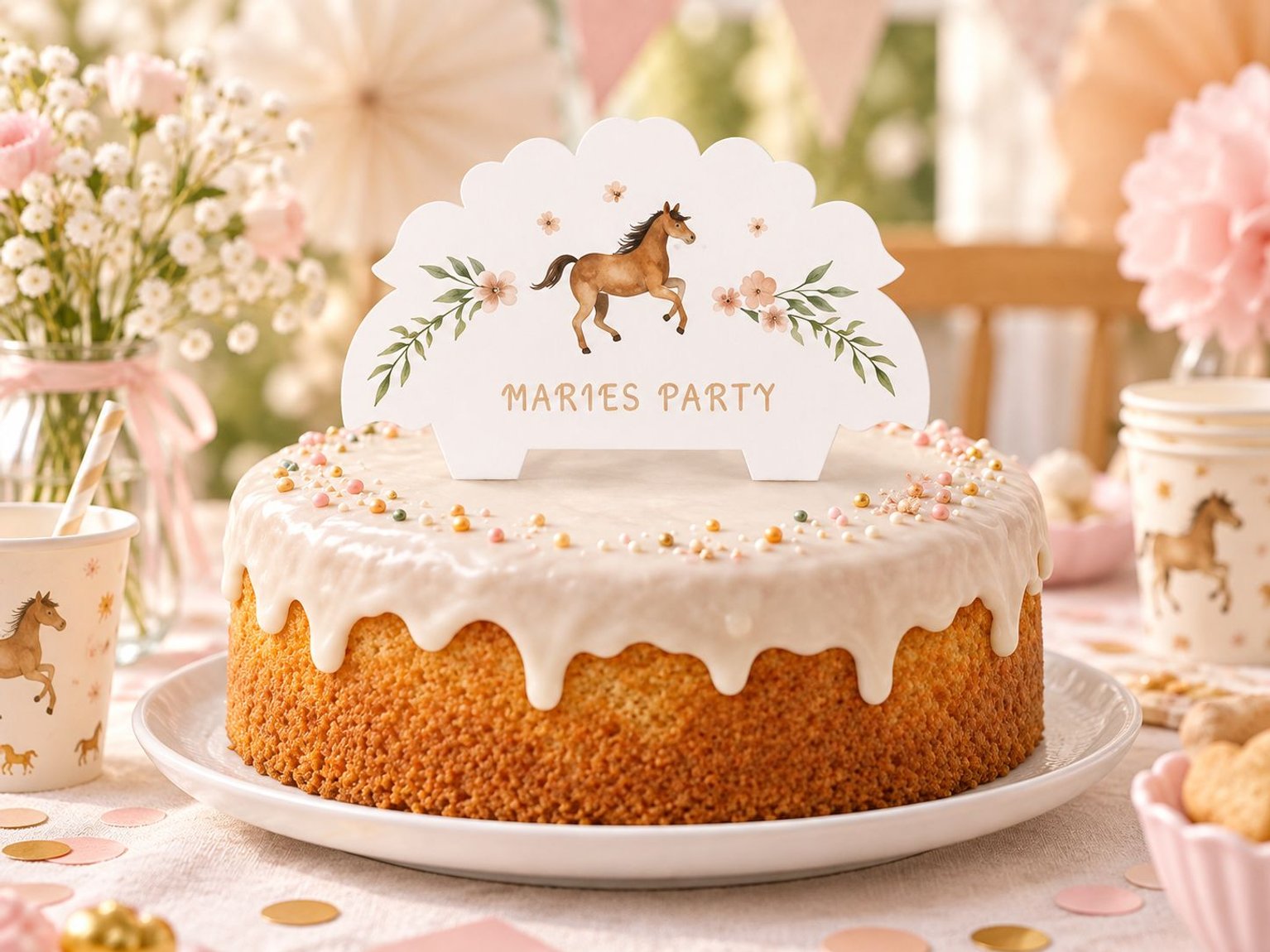 Kuchen mit weißem Zuckerguss und bunten Streuseln, dekoriert mit Pferdemotiv und "MARIES PARTY" Karte. Im Hintergrund zarte Blumen und Partydekorationen.