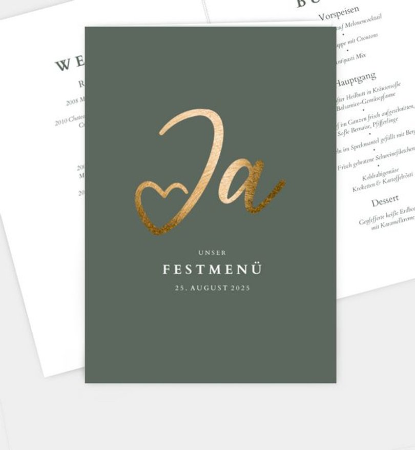 Menükarte Hochzeit Ja · Mitten ins Herz