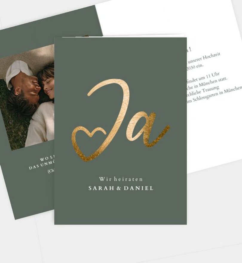 Einladungskarte Hochzeit Ja · Mitten ins Herz
