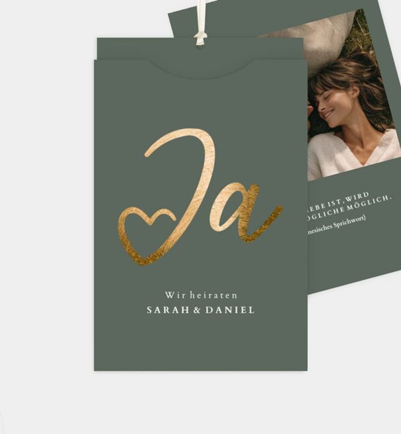 Einladungskarte Hochzeit Ja · Mitten ins Herz