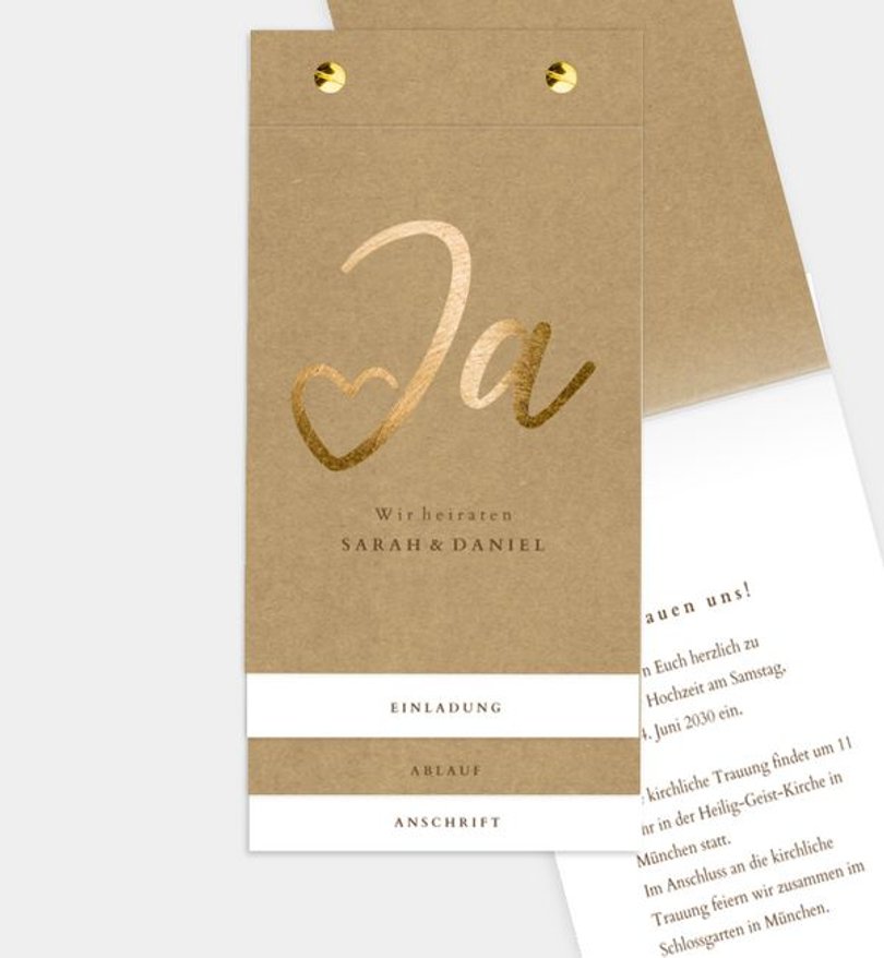 Einladungskarte Hochzeit Ja · Mitten ins Herz