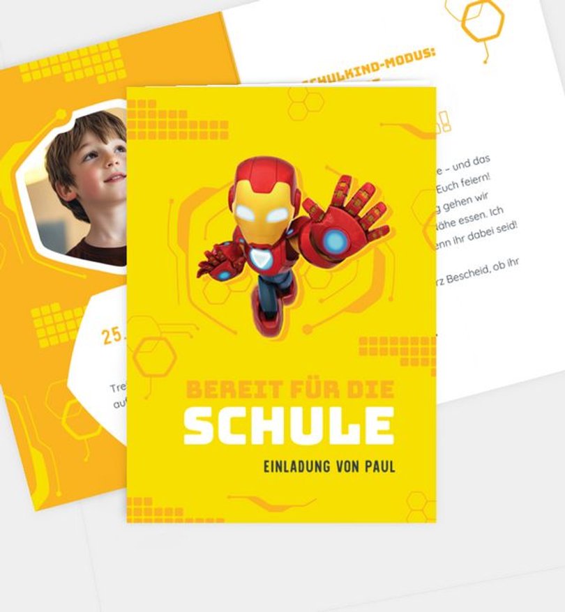 Einladungskarte Einschulung Iron Man · Schulmodus aktiviert