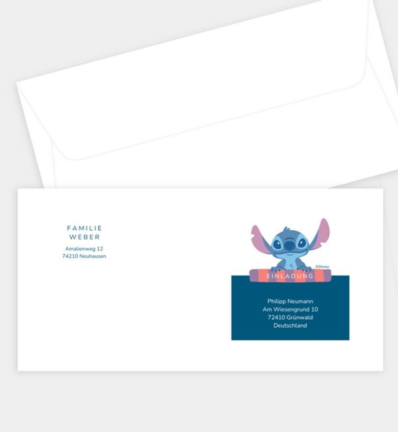 Briefumschlag Einschulung Stitch · Stitch's Abc