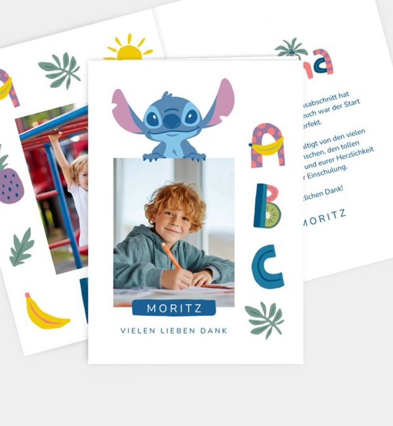 Dankeskarte Einschulung Stitch · Stitch's Abc