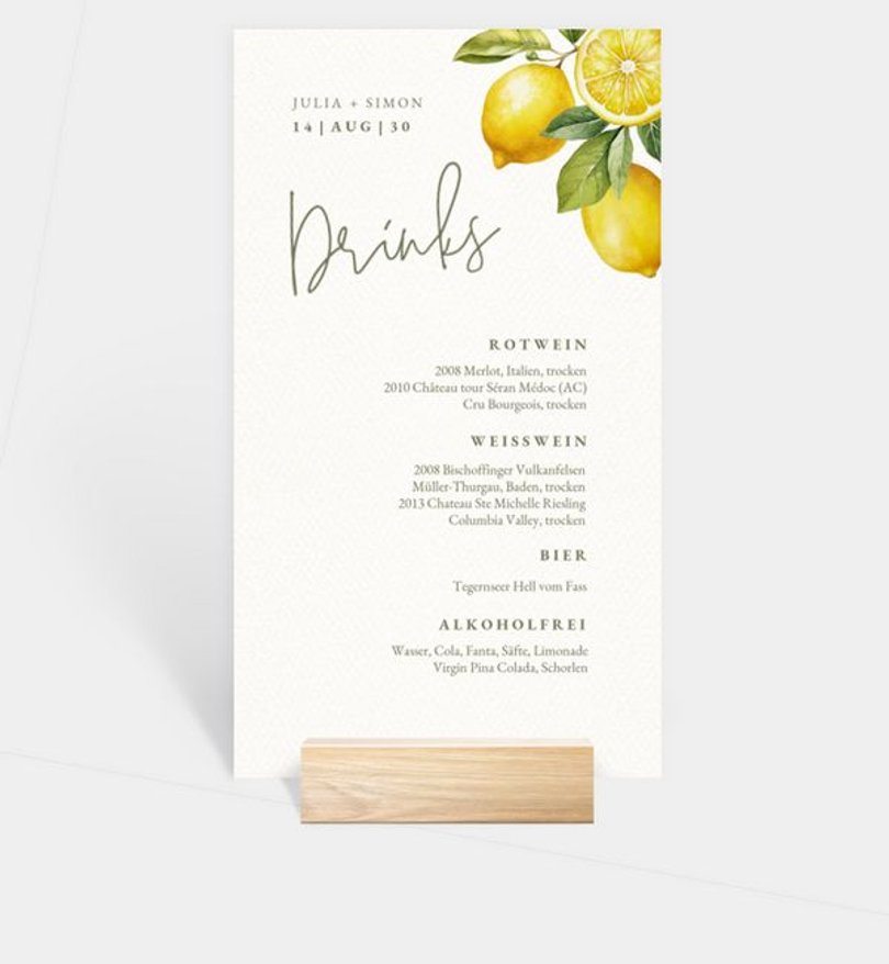 Getränkekarte Hochzeit Lemon Summer