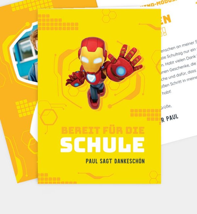 Dankeskarte Einschulung Iron Man · Schulmodus aktiviert