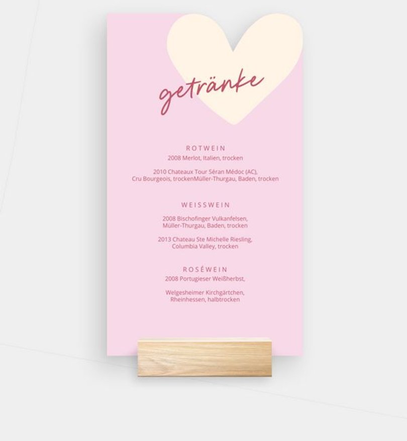 Getränkekarte Hochzeit Heart of Sweets