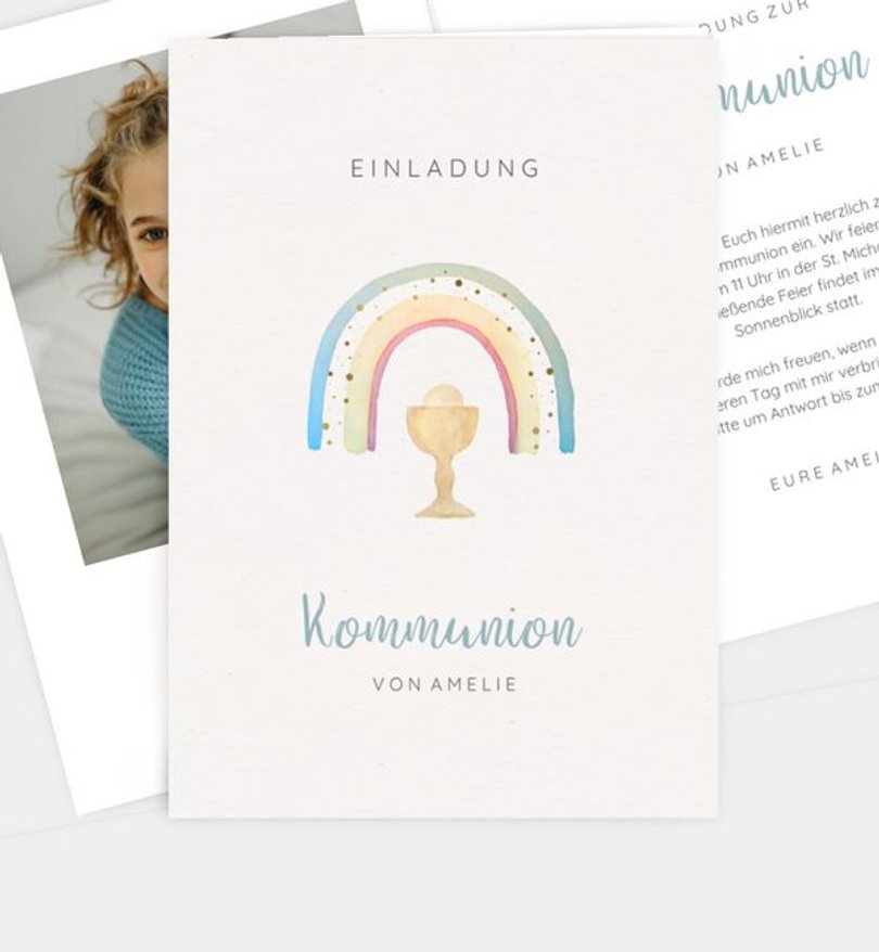 Einladungskarte Kommunion Rainbow Aquarell