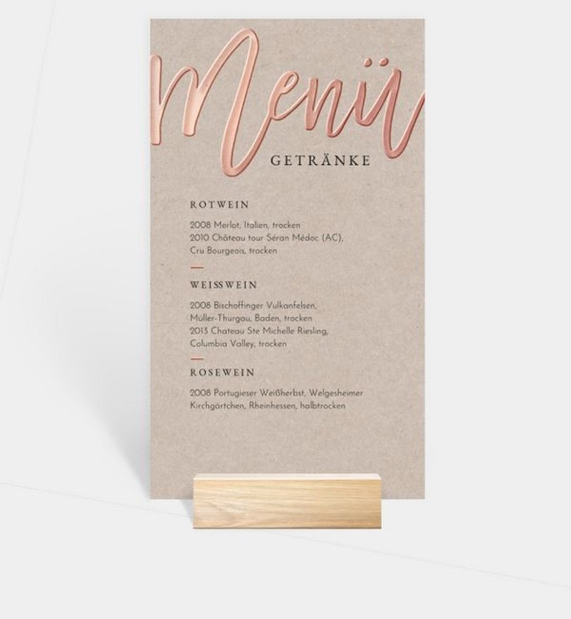 Getränkekarte Hochzeit Rosegold · Crafty