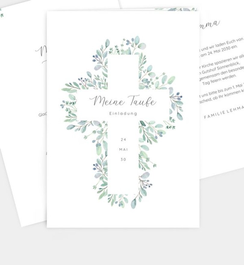 Einladungskarte Taufe Greenery Cross