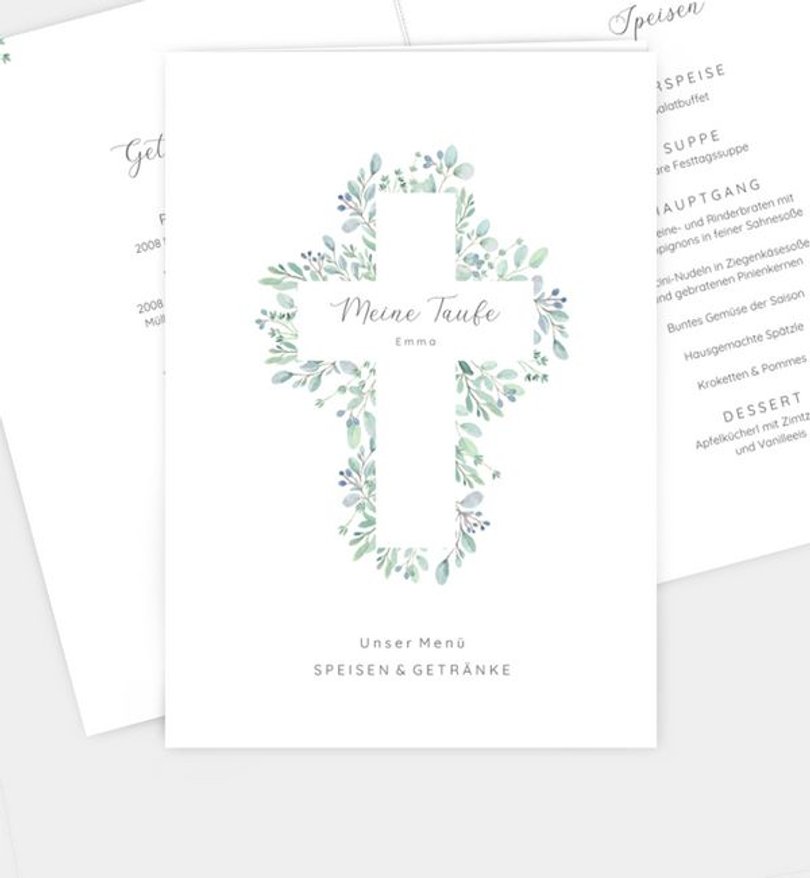 Menükarte Taufe Greenery Cross