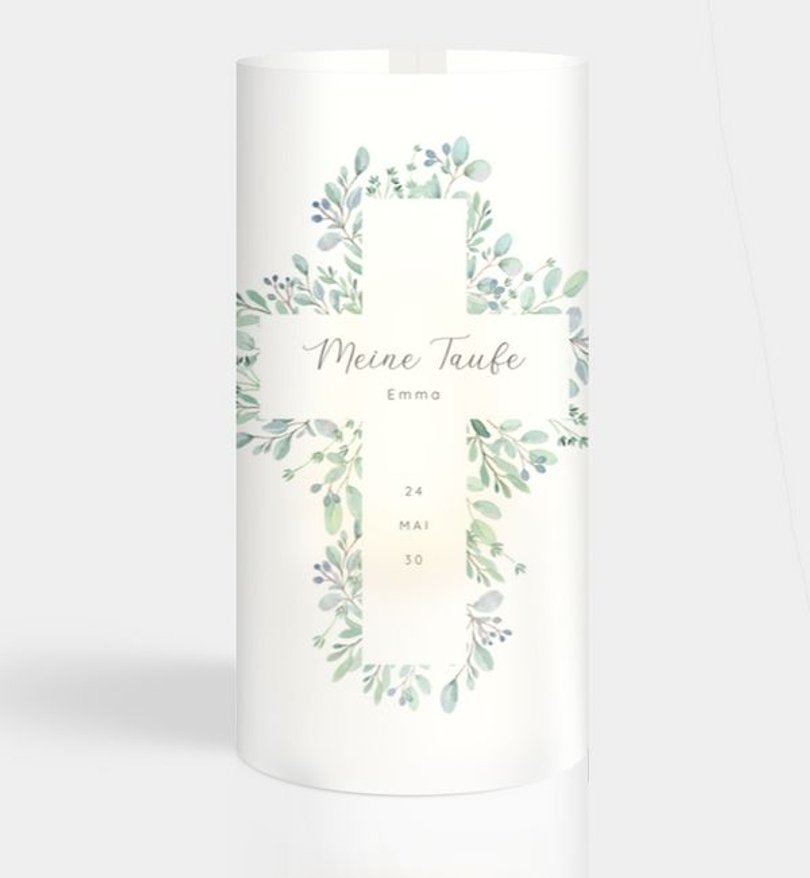 Windlichtkarte Taufe Greenery Cross